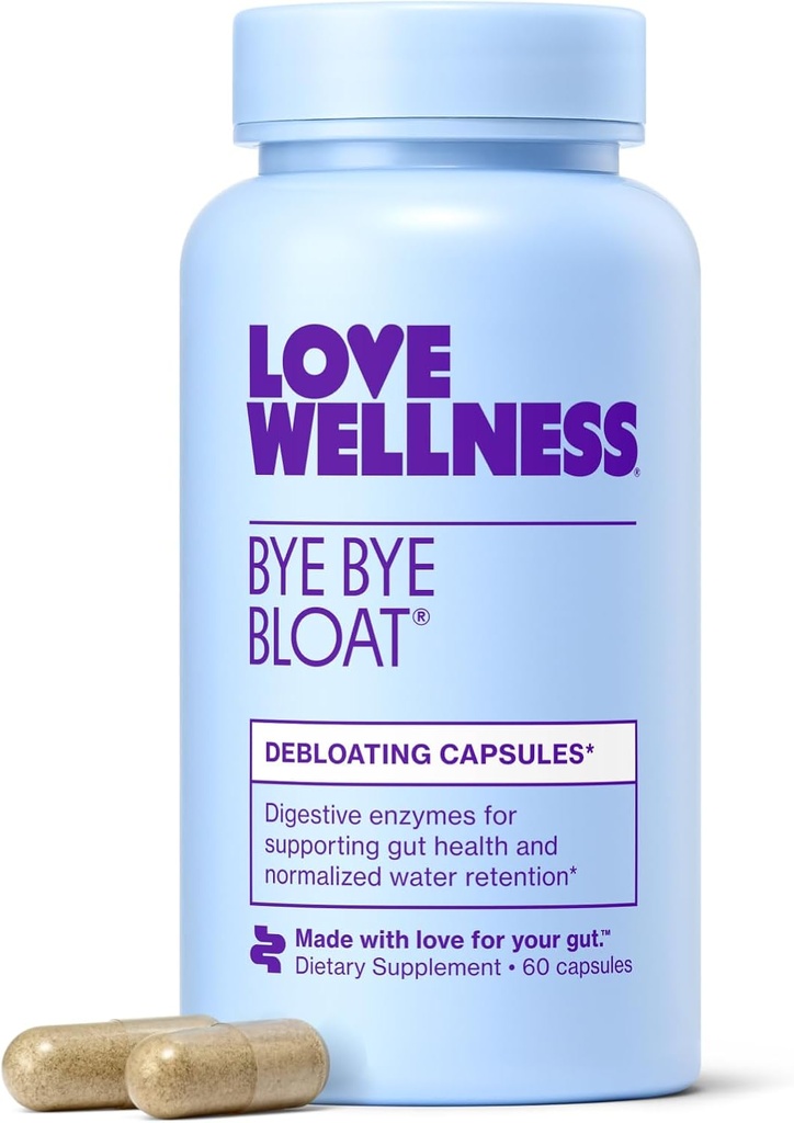 Love Wellness Chao Adiós Bloat ← Enzymes Digestive for Fast Acting Bloating Relief for Women  Ayuda a reducir la retención de agua " Gas Relief Silencioso Apoyo Digestive Health with Fenugreek " Dandelion 60 Count