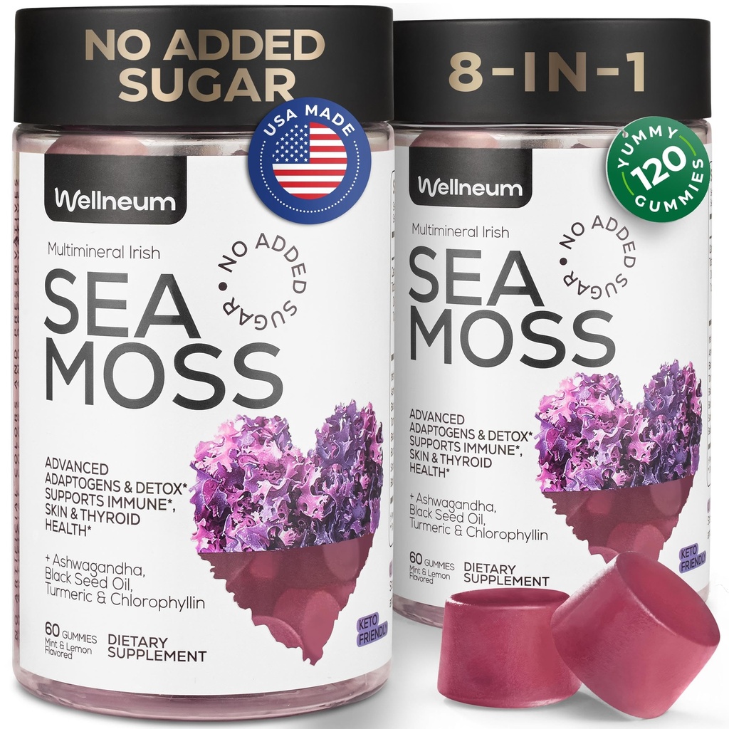 Multimineral Sea Moss Gummies 3000 Mg con Probiotic, Bladderwrack, Black Seed Oil, Ashwagandha, Burdock Root (2 Pack) - Irish Seamoss for Immunity, Thyroid and Gut Health - Vegan, Sugar Free