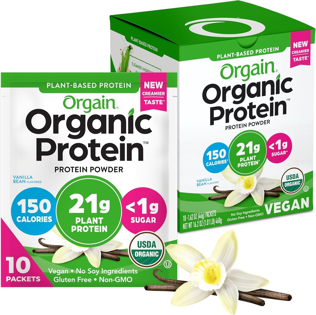 Orgain Orgain Pólvora de proteína vegana orgánica, grano de vainilla - 21g Proteína vegetal, fibra prebiótica 5g, carbohidratos bajos, sin ingredientes de lactosa, sin azúcar adicional, no OMG, para sacudidas " Smoothies, 10 paquetes de viaje