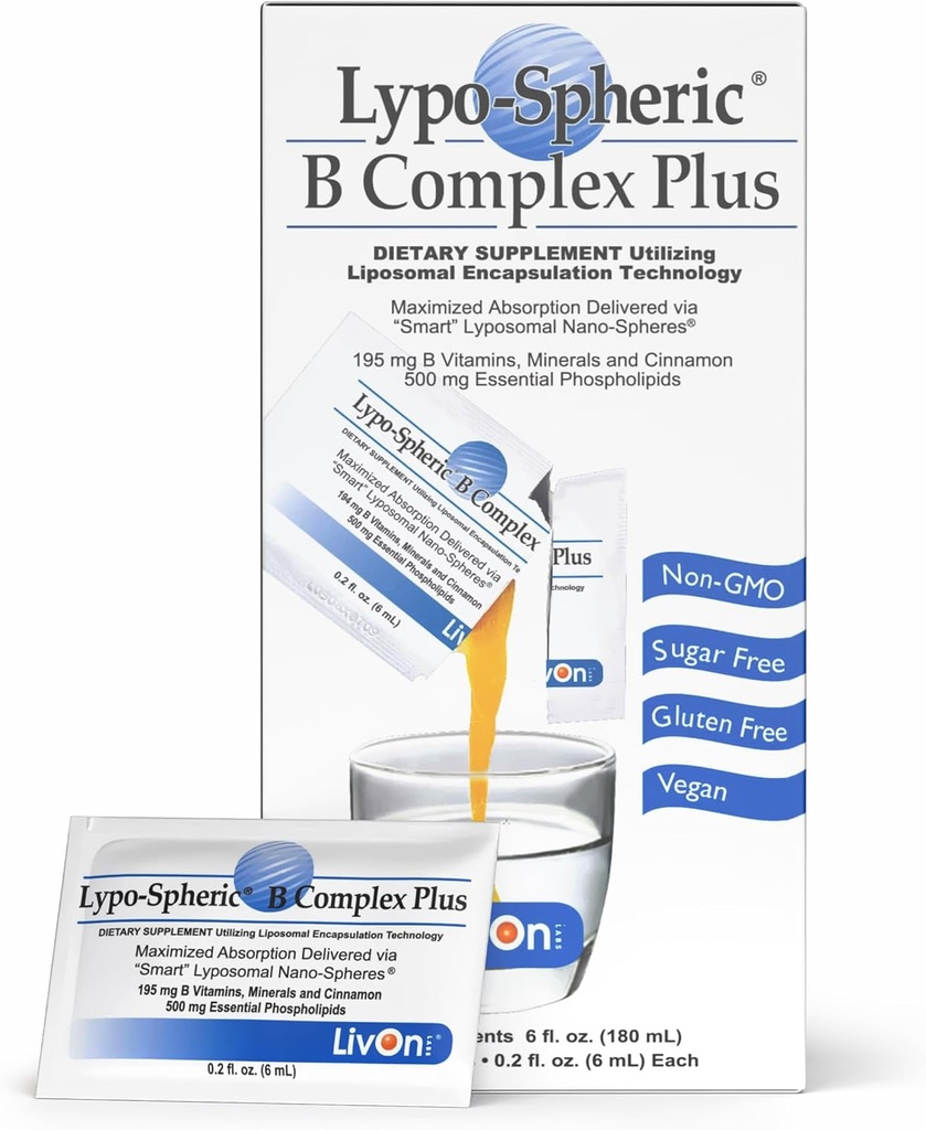 LivOn Laboratories Lypo–Spheric B Complex Plus – 30 Packets – 195 mg B Vitaminas, Minerales & Cinnamon Por Packet – Liposome Encapsulado para una absorción mejorada – 100% No GMO