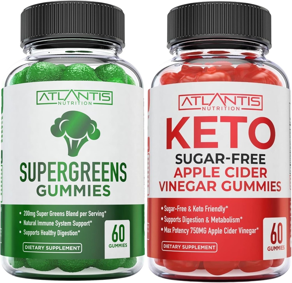 Atlantis Nutrición Supergreens 60 Gummies + Azúcar Keto gratis Vinagre de manzana 60 Gummies