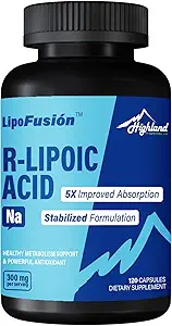 R Ácido Lipoico (Na) 300 mg por Ser, 120 cápsulas, hasta 5X Absorción mejorada, Excelente Suplemento Nutricional para el Metabolismo Saludable Apoyo y Antioxidantes-1 Botella