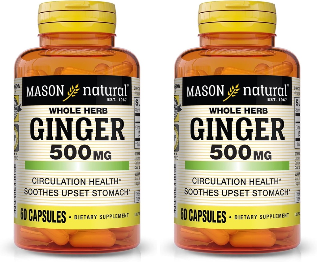 MASON NATURAL Whole Herb Ginger 500 mg, Suplemento Natural Herbal, 60 cápsulas (Pack of 2)