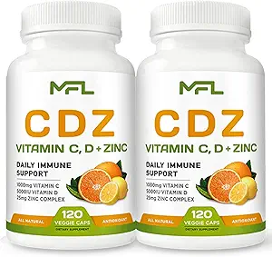 2 Pack, C D Z TENIDO Vitamina C, 1000mg TENIDO Vitamina D3, 125mcg TEN Zinc, 25mg ANTERITO No GMO &amp; Gluten Gratis TEN 240 Servimientos