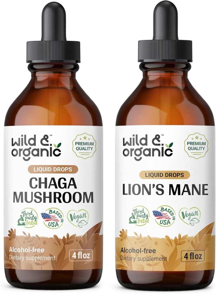 Wild &amp; Organic Chaga Mushroom Tintura 4 fl oz &amp; Lion Mane Mushroom Tintura 4 fl oz