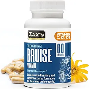 ZAX'S Bruise Vitamin Pharmacist Desarrolló Suplementos Bruising Potent Bruising Swelling Reducer, Zinc, Vitamin K, D3, Ascorbic Acid, Citrus Bioflavonoids, 60 Caps, Combine Arnica Bruise Cream