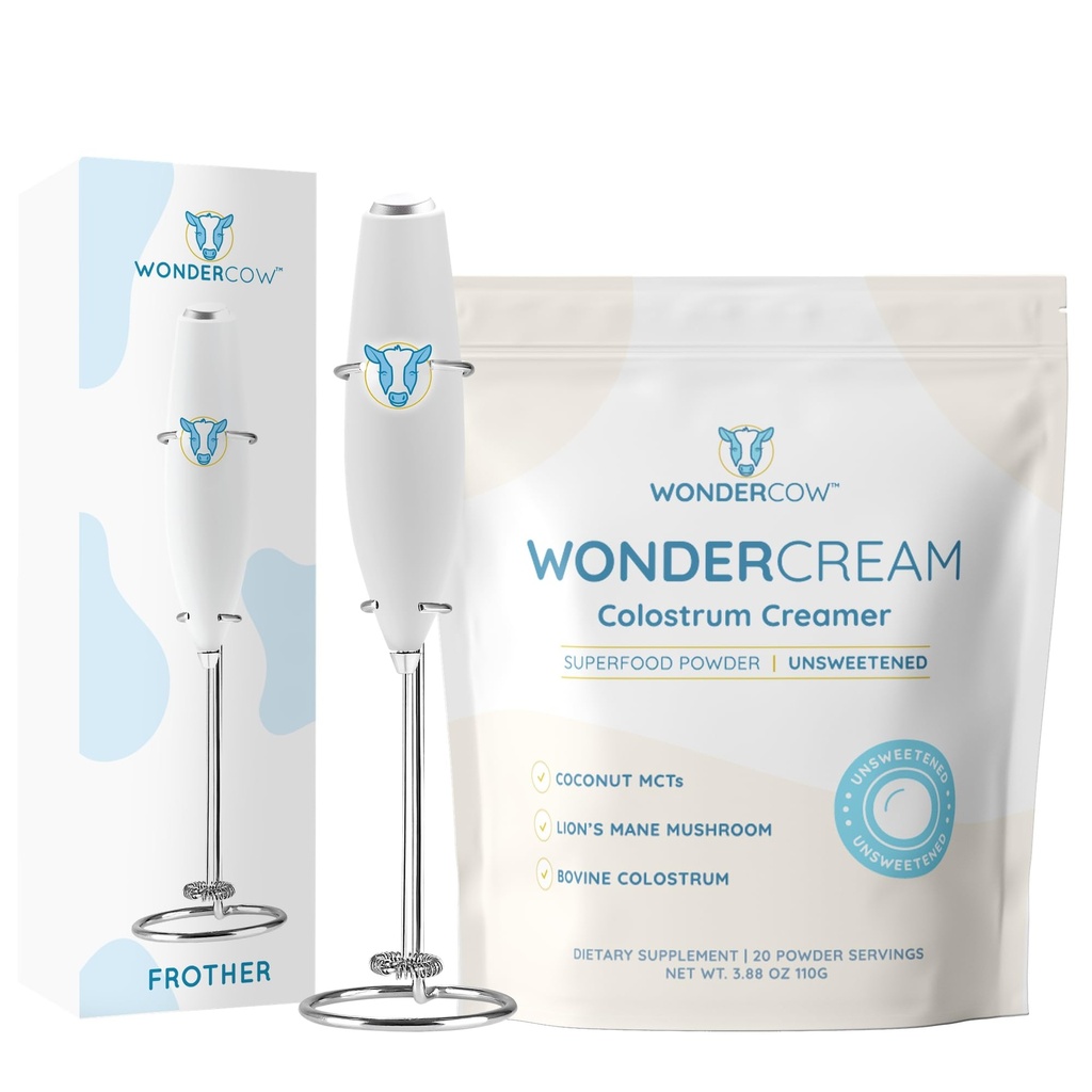 WonderCow WonderCream Bovine Colostrum Creamer Powder Supplement for Gut Health, Focus, Clean Energy & Wellness Unsweetened + Milk Frother High Powered Hand Mixer