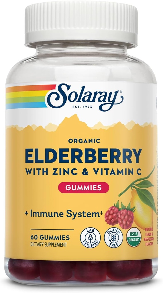 SOLARAY Organic Elderberry Gummies w/Zinc &amp; Vitamina C sometida Healthy Immune System Support  Gluten Free ← 30 Serv, 60 Ct