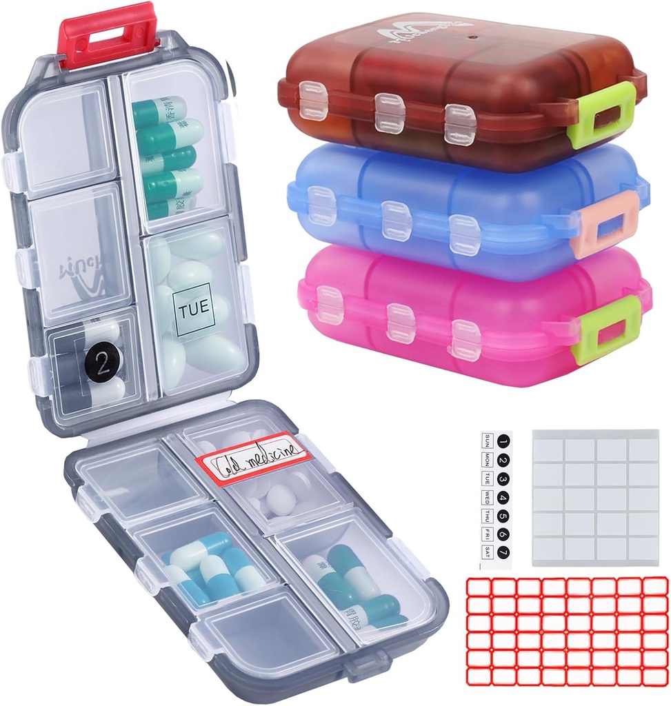 4PS Organizador de píldoras de viaje con 164 etiquetas Slice,10 Compartments Travel Pill Box Portable Polding Small Pill Case Daily Pill Container Utilizado para el almacenamiento de carry Medicine Organizer by M MUchengbao