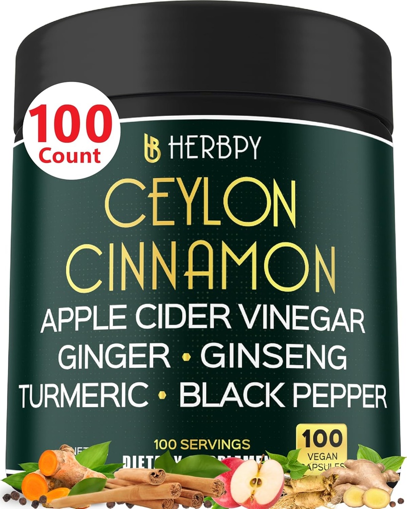 6in1 Premium Ceylon Cinnamon Suplemento Plus Apple Cider Vinegar, Turmeric, Ginger, Ginseng - Gestión de peso, Digestión - 100 cápsulas Vegan