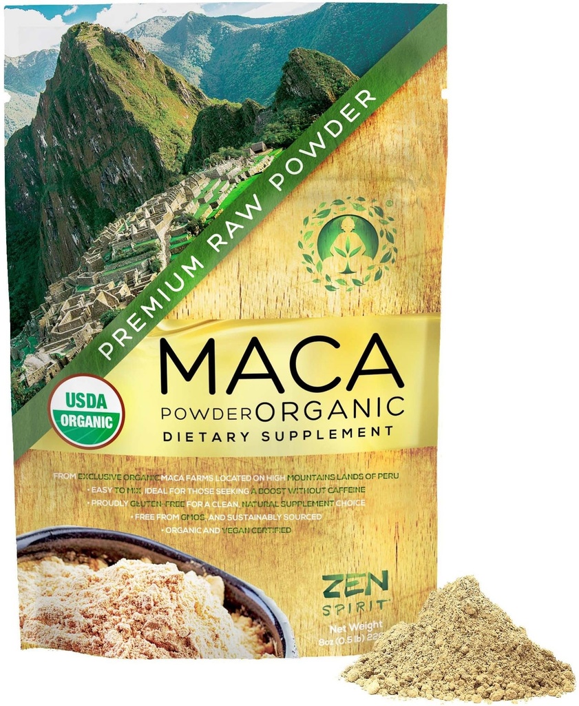 Zen Spirit Maca Root Powder Organic - Peruano Root Premium Grade Superfood (Raw) - USDA & Vegan Certified - 1 Bag (8oz) - Perfecto para el desayuno, Smoothies, Baking & Ice Cream.