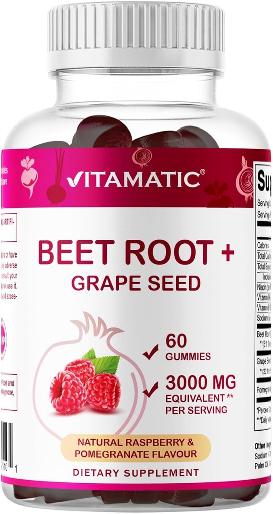 Vitamatic Beet Root Gummies - 3000mg Equivalent Per Serving - 60 Gummies - Made with Vitamin B6, B12, Grape Seed, Pomegranate & Nicotinamide