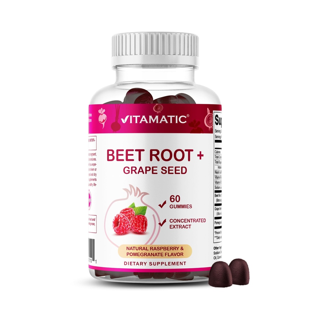 Vitamatic Beet Root Gummies - 3000mg Equivalent Por Serving - 60 Gummies - Hecho con vitamina B6, B12, semillas de uva, granada &amp; Nicotinamide