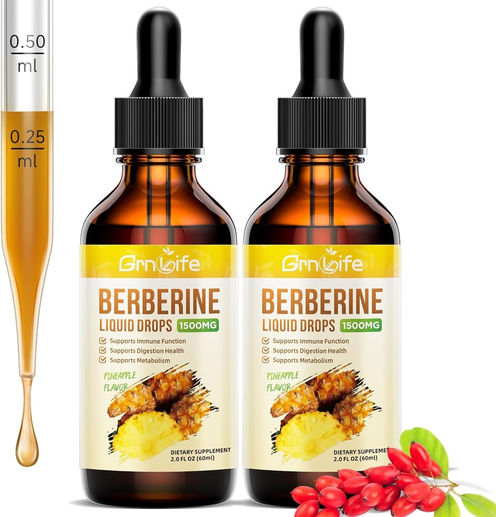 (2 Pack) Suplemento de Berberina, 1500mg gotas líquidas de Berberina orgánica con canela de Ceylán, Melón de Bitter - soporta Immune y Metabolismo, Vegan, Pineapple Flavor-2 FL Oz