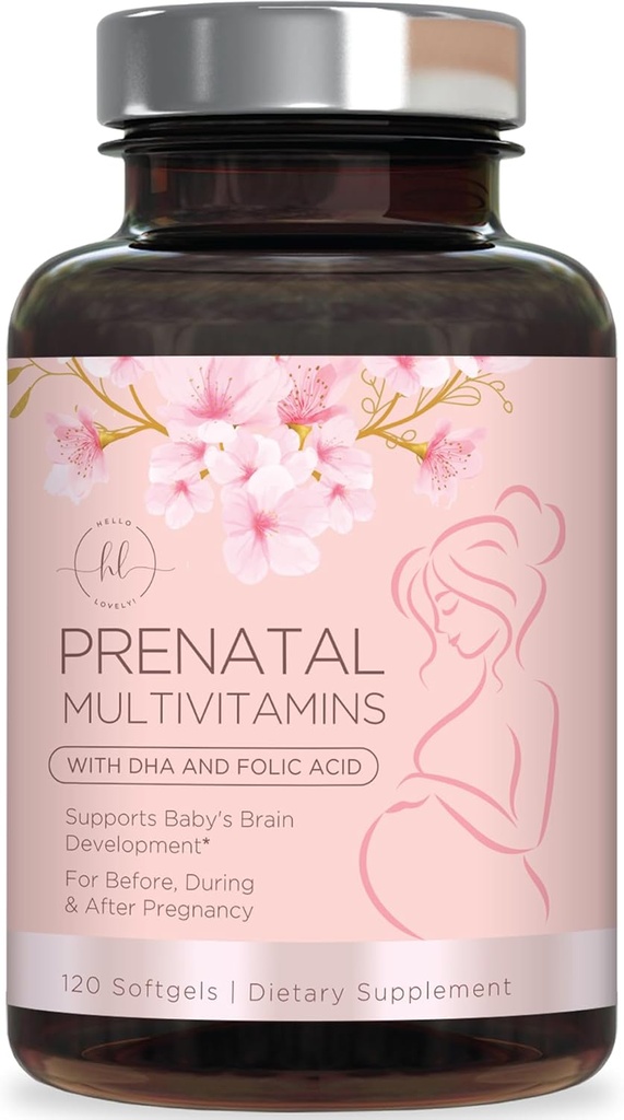 Vitaminas prenatales para Mujeres con Ácido Fólico " DHA, Desarrollo del Cerebro Fetal con Folate " Omega 3, Multivitamina con Vitamina A, C, D, B6, B12 " Iron, Suplemento de Embarazo - 120 Softgels