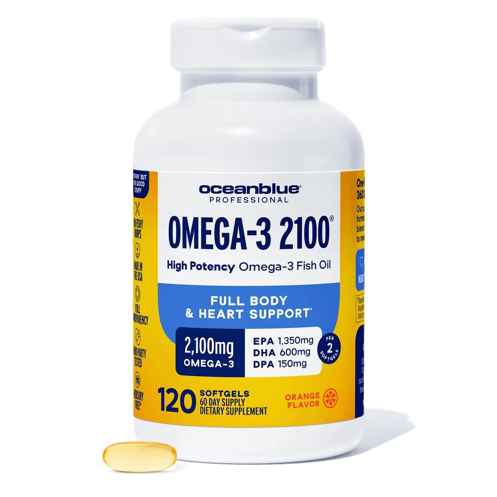Oceanblue Professional Omega 3 2100-120 ct - High Potency Triple Strength Burpless Fish Oil with EPA, DHA &amp; DPA - Wild Caught - Natural Orange Flavor, 60 Servings