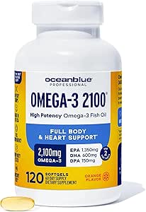 Oceanblue Professional Omega 3 2100-120 ct - High Potency Triple Strength Burpless Fish Oil with EPA, DHA &amp; DPA - Wild Caught - Natural Orange Flavor, 60 Servings