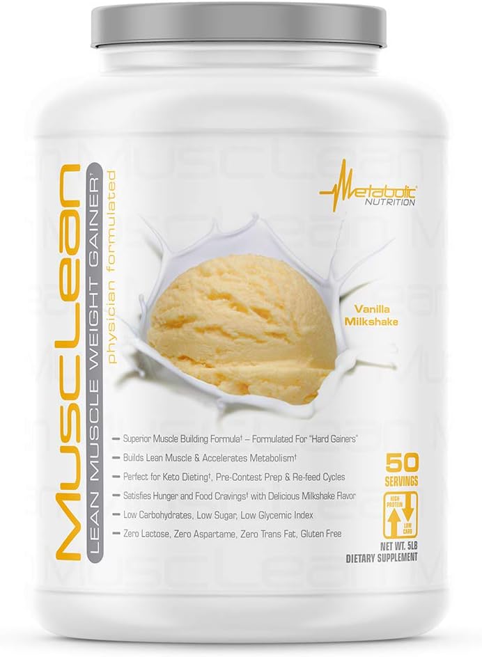Nutrición metabólica - Musclean - Milkshake, Whey High Protein Meal Replacement, Mantenimiento Nutrición, Baja Carb, Keto Diet, Enzimas digestivas, Vainilla, 5 libras (50 ser)