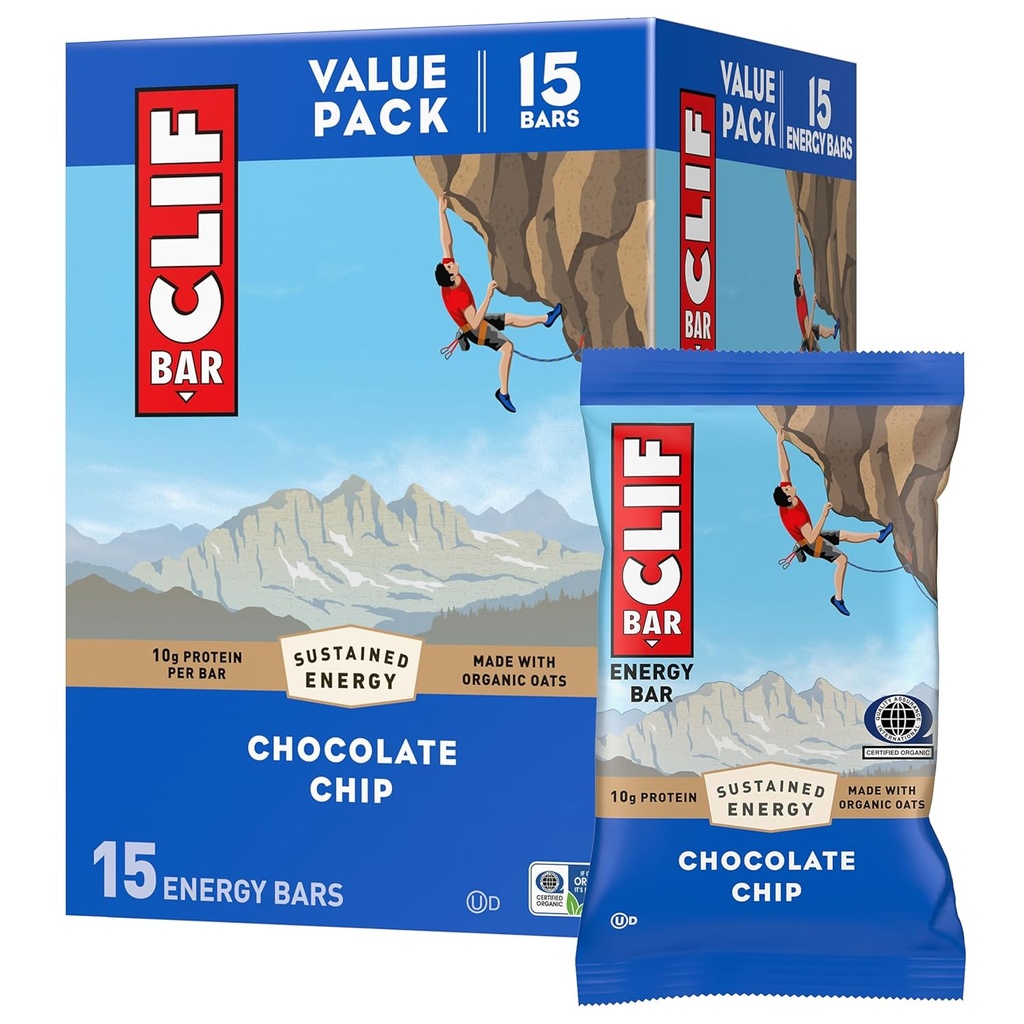 CLIF BAR - Bares de Proteína Energética - Chocolate Chip - Hecho con Avenas Orgánicas - Bares de Energía - Non-GMO - (15 Pack)