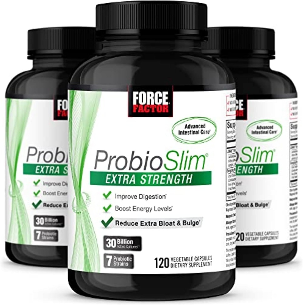 Factor de fuerza ProbioSlim Extra Strength Probiotic Supplement for Women and Men with 30 Billion CFUs and Green Tea Extract for Gut Health Support, Bloating and Gas Relief, 120 Count (Pack of 3)