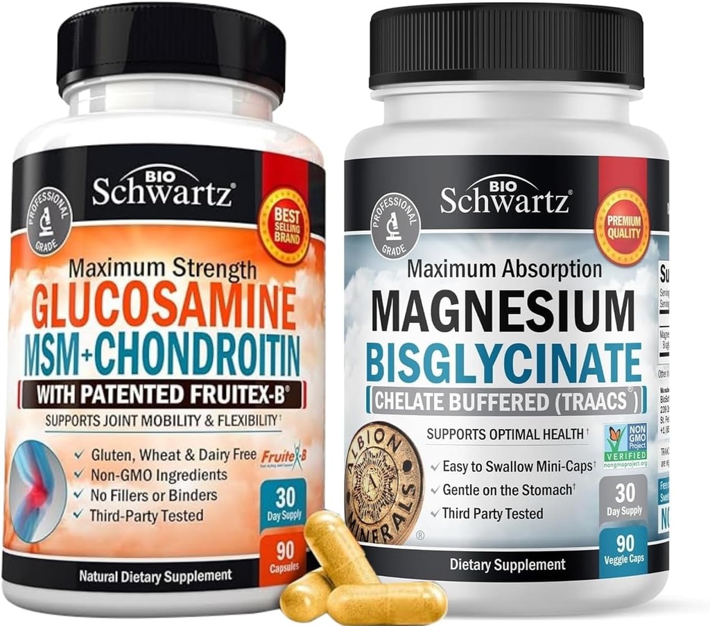 Alta Absorción Magnesium Bisglycinate Capsules (1 Month Supply) Plus Glucosamine Chondroitin MSM Triple Strength Joint Support Suplemento (1 Month Supply)