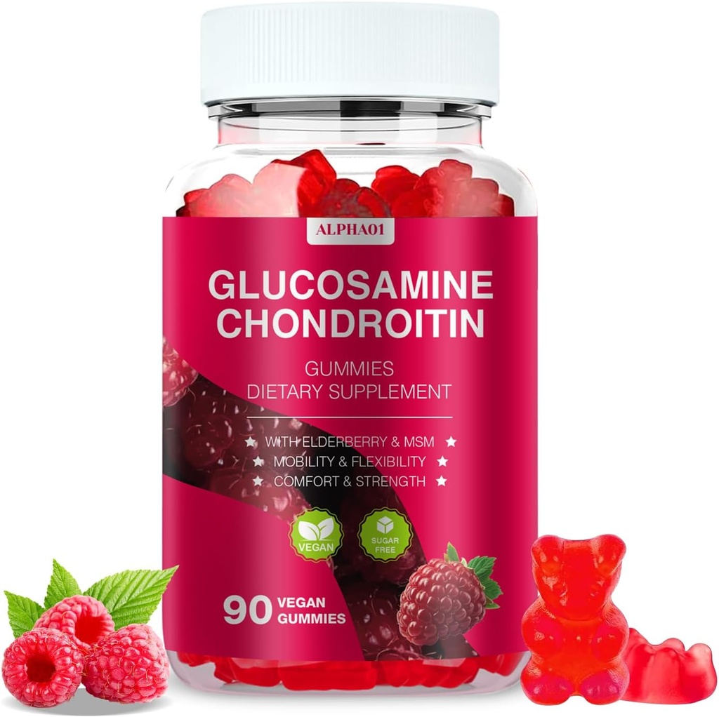 Glucosamine Chondroitin Gummies - 3000MG Extra Strength Joint Support Supplement with MSM & Elderberry, Flexibility, Antioxidant Immune Support Gummy for Adults, Men &amp; Women - 90 Raspberry Gummies