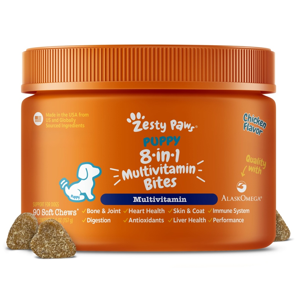 Zesty Paws Dog Multivitamin, Chewable Dog Vitamins and Supplements for Hip & Joints, Skin & Coat, Omega 3 Fish Oil for Dogs- Puppy Multivitamin - Chicken Puppy Bites- 90ct
