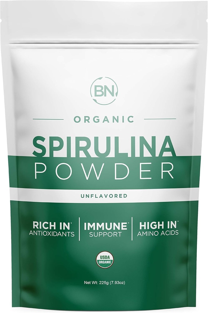 Spirulina Powder Orgánico 225g - 64 Servidores 3.5g Tamaño de servicio - USDA Certified - RAW Nutrient Dense Más del 70% Protein Por Serving - Purest Source Vegan Protein - Superfood