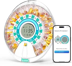 Betife Smart Automatic Pill Dispenser, 28 Compartments Electronic Pill Organizer para cualquier dosis con Alarma Ligera/Sonido, Organizador de Medicación Bluetooth, Caja de Píldora Cerrada para Prescripciones y Suplemento