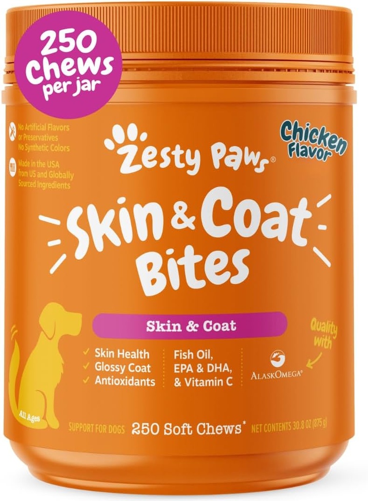 Zesty Paws Omega 3 Fish Oil for Dogs - Zesty Paw Dog Vitaminas y Suplementos para Hip, Joint & Skin, Chicken (250 Chews)