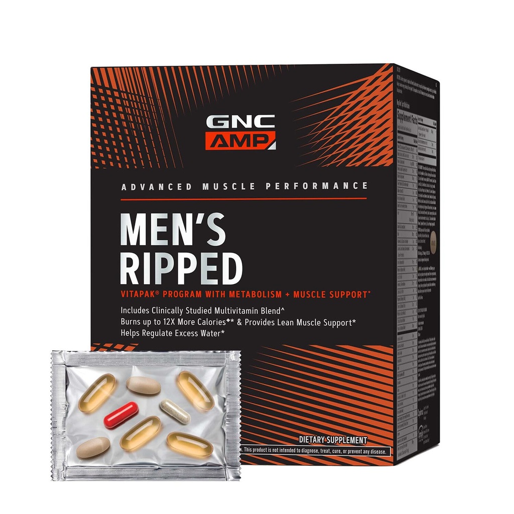 GNC AMP Programa de Vitapak para Hombres Ripped, 4 en 1 paquete de vitaminas de productos, tono de músculo magro de Metabolismo, calorias de quema, cama de agua, multivitamina de adultos, cafeína, CLA, ingredientes provenientes, suministro de 30 días