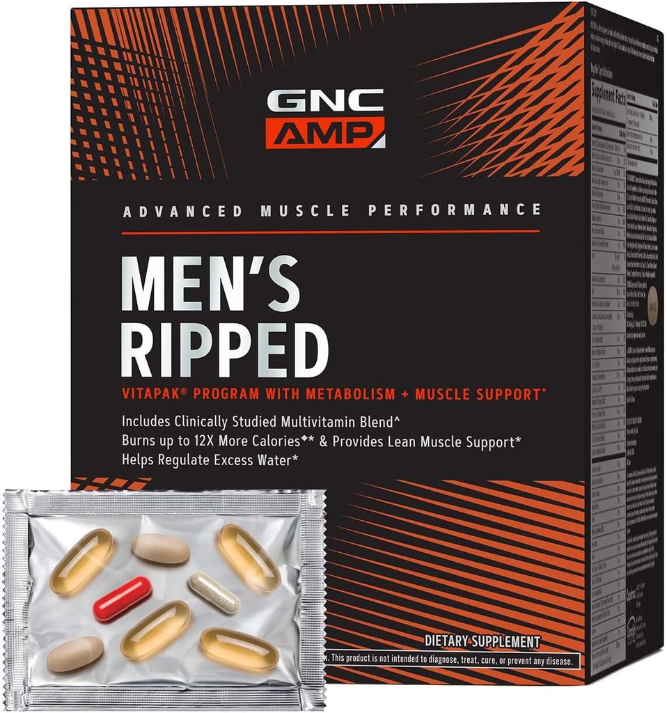 GNC AMP Programa de Vitapak para Hombres Ripped, 4 en 1 paquete de vitaminas de productos, tono de músculo magro de Metabolismo, calorias de quema, cama de agua, multivitamina de adultos, cafeína, CLA, ingredientes provenientes, suministro de 30 días