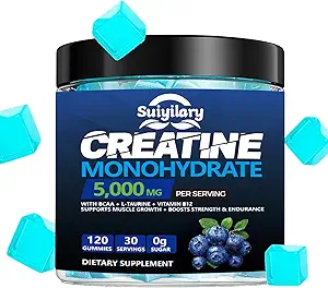 Azúcar libre de crema Monohidrato Gummies Complejo 5000mg para hombres &amp; mujeres - 120 Gummies para la fuerza muscular, constructor de músculos, aumento de energía, suplemento de entrenamiento previo, Vegan
