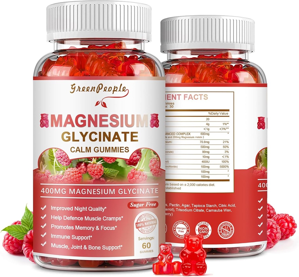GREENPEOPLE Magnesium Glycinate Gummies 400mg - Suplemento de Potasio de Magnesio Gratuito con Magnesio Malate, Vitamina D, B6, y CoQ10 para el apoyo a la calma &amp; sueño para adultos - Raspberry Gummies