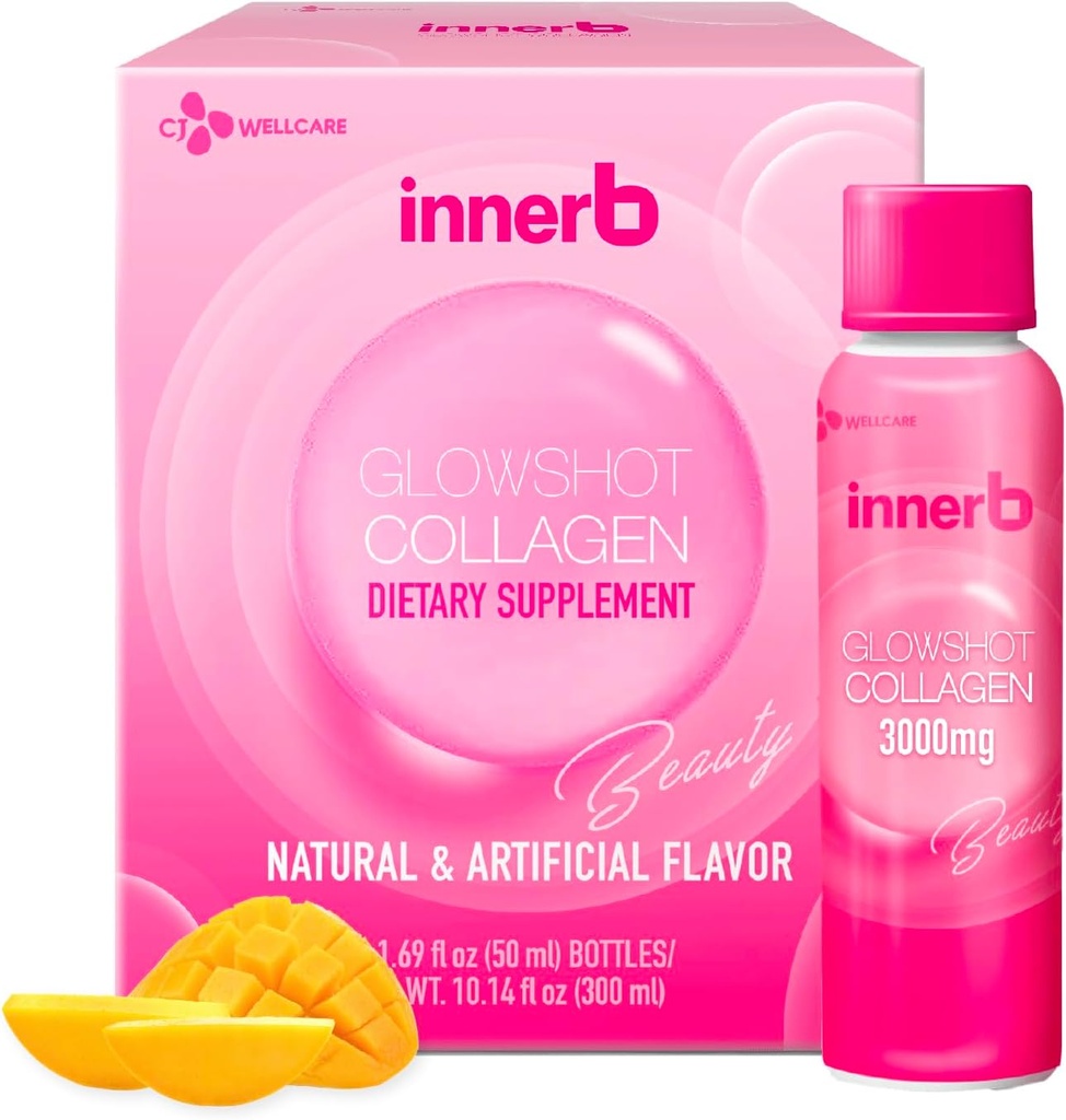 CJwellcare Innerb Glowshot Collagen (10.1 fl oz, 6 Servings) - Marine Liquid Collagen for Women, 3000mg Collagen Peptides, Collagen Shots for High Absorption, Hair, Skin & Nails Supplement