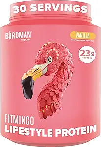 BIRDMAN Fitmingo Vegan Protein Powder con Inositol, Colagen Boosters, Hialuronic Acid y Vitaminas Silencio Bajo Carb, Dairy Free, Lactose Free, Low Calorie ← 23g Plant Based Vanilla Protein Powder