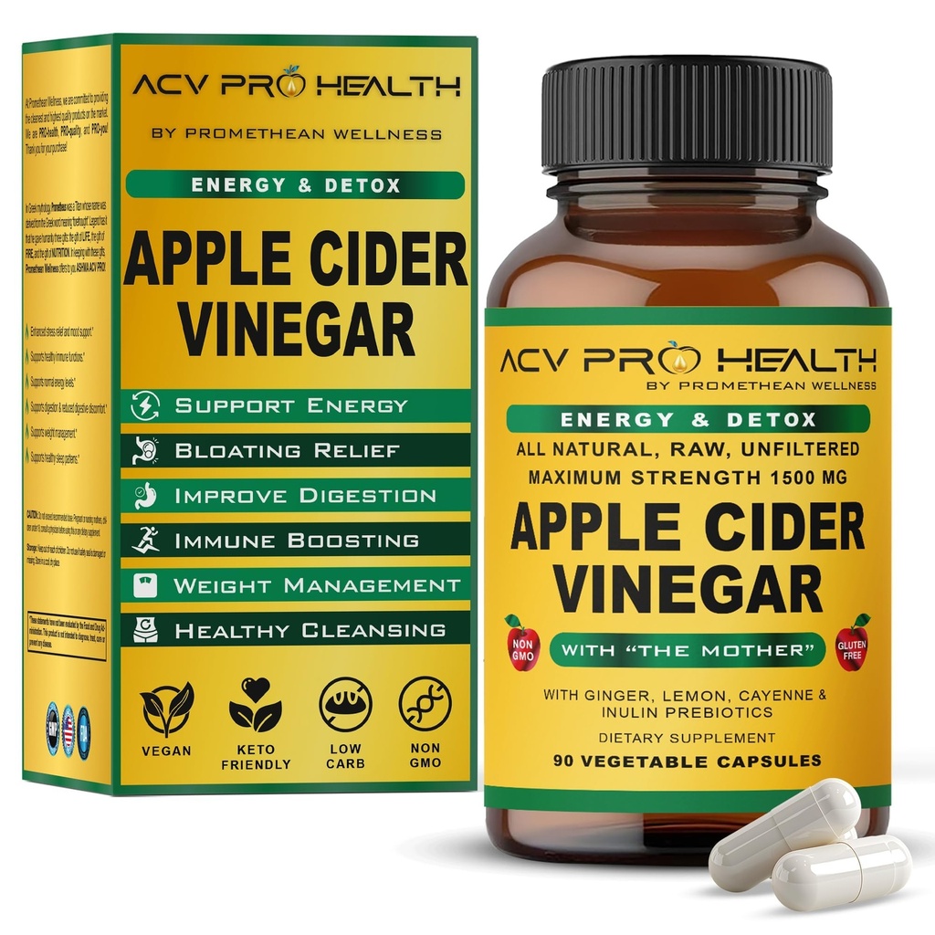 Promethean Wellness ACV Pro Apple Cider Vinegar Capsules Certified Organic with Mother ACV Pills Detox Cleanse Acid Reflux Relief Support Supplement Ginger Root Cayenne Pepper Powder (90 Count)