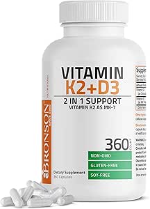 Bronson Vitamina K2 (MK7) con D3 Suplemento No GMO Fórmula 5000 UI Vitamina D3 &amp; 90 mcg K2 MK-7 Easy to Swallow D & K Complex, 360 cápsulas