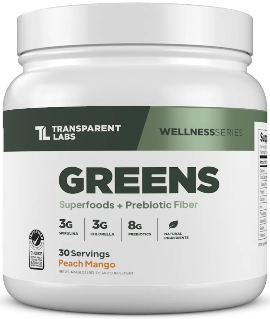 Laboratorios transparentes Verdes Prebióticos - Superfood Powder &amp; Antioxidantes Suplemento con Espirulina orgánica, Chloerra, Acacia, & Green Banana Powder - 30 Servings, Peach Mango