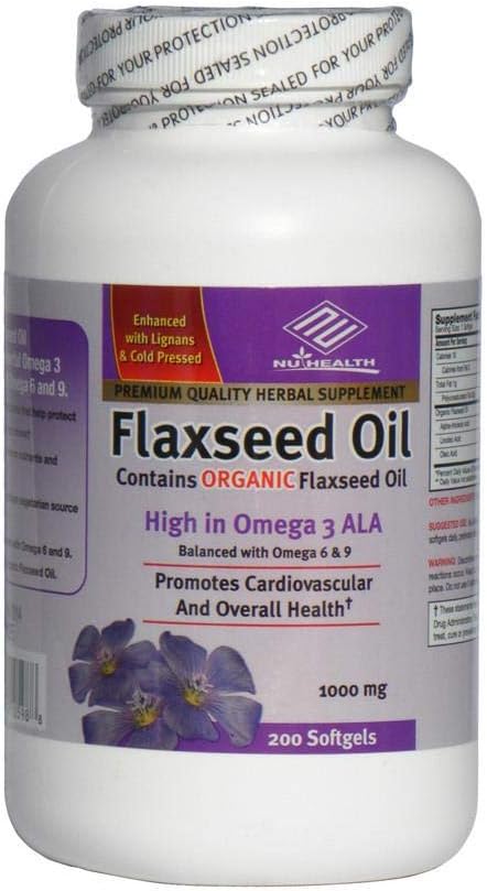 Aceite de Flaxseed orgánico 1000 mg 200 Condes Alto en Omega 3 ALA