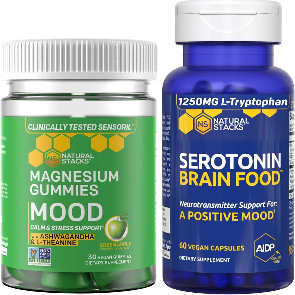 NATURAL STACKS Mood Magnesium Citrate Gummies + Serotonin Brain Food Bundle - Positivo Mood & Stress Support - 90 piezas