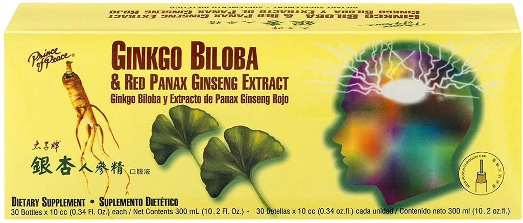 Prince Of Peace Ginkgo Biloba & Red Panax Ginseng Extract, 0.34 fl. oz. Each – Ginkgo Biloba Supplement – Chinese Red Panax Ginseng Extract – Supports Overall Well-Being - 6 Pack - 180 Bottles