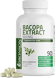 Bronson Bacopa Monnieri Extracto 500 mg - Promueve la claridad mental y la función cerebral - No GMO, 90 cápsulas vegetarianas