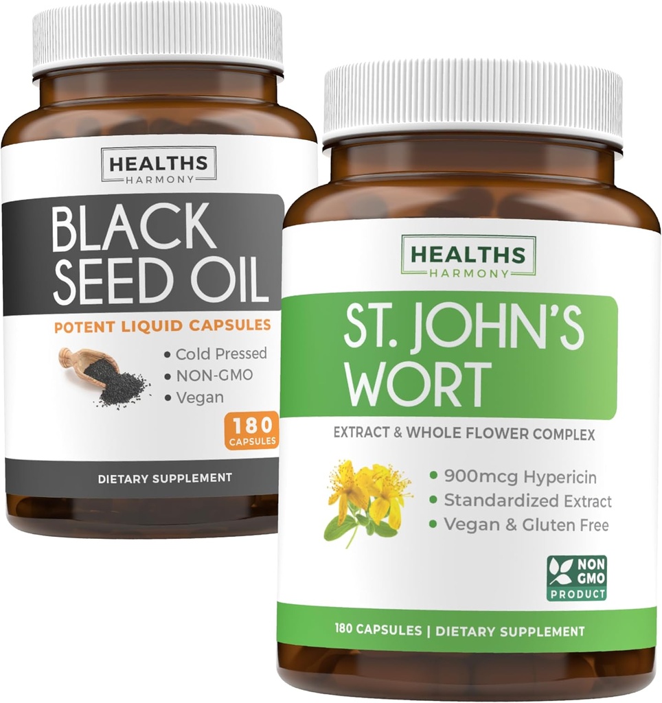 Black Seed Oil &amp; St. John's Wort (3-Month Supply) Harmony Essence Bundle of Black Seed Oil (180 Capsules) Cold-Presed Nigella Sativa & St. John's Wort (180 cápsulas) con Powerful 900mcg Hypericin