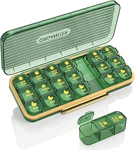 Organizador de píldoras 3 veces al día, 7 días caja de píldoras 3 veces al día - Acedada Caja de Medicina Semanal Organizador, 7 dispensador de tubos diarios portátiles especiales para vitaminas suplementos de aceite de pescado, verde