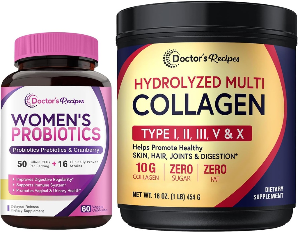 Recetas del médico Probióticos femeninos &amp; Multi Collagen Powder Bundle, Value Pack for Vaginal, Skin, Hair, Nail Health, No Gluten, Pro (60 Capsules) & Collagen (45 Servings)