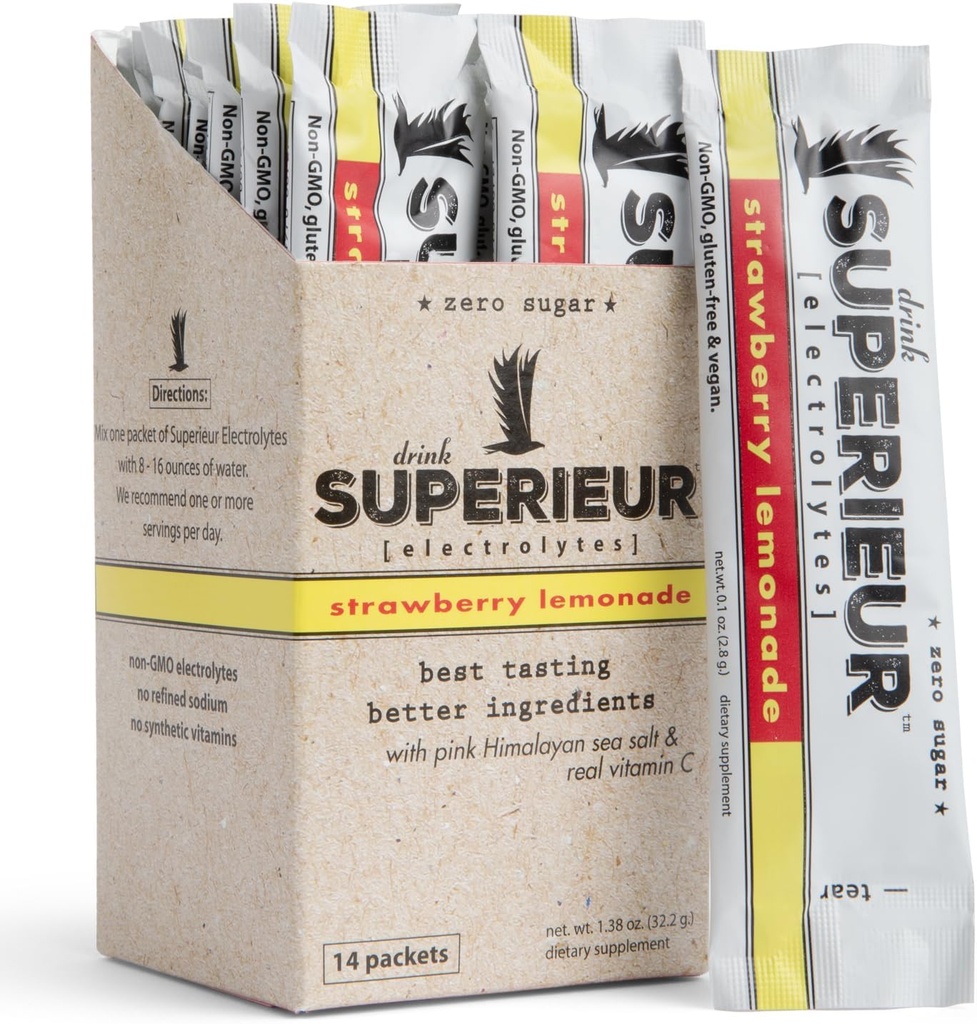 Superieur Electrolyte Powder Packets- Vegan Electrolyte Hydration Powder w/Sea Minerals- Keto Friendly, Non-GMO, Zero Sugar Electrolyte Suplemento-Healthy Sports Drink-Strawberry Lemonade (14 Packets)