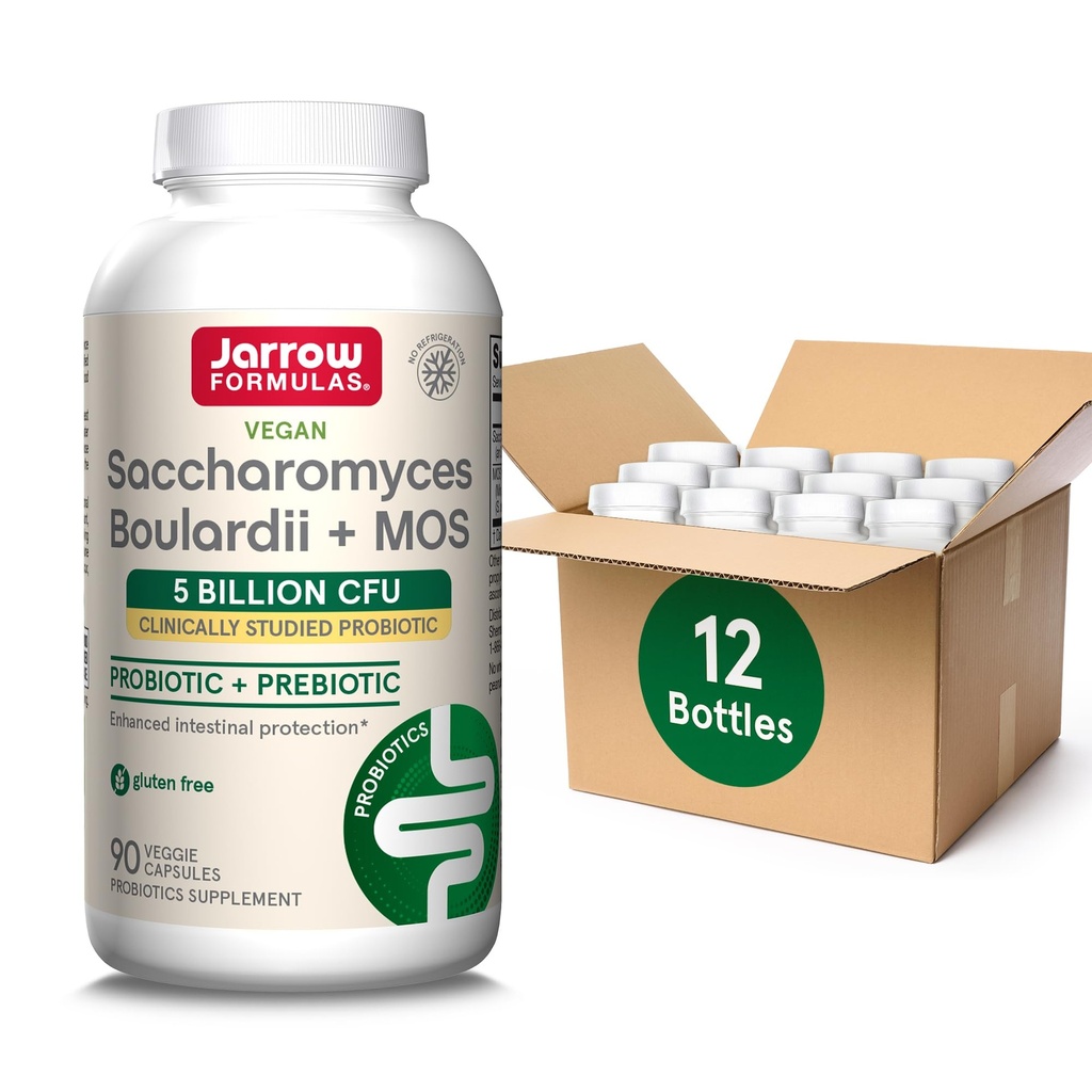 Jarrow Formulas Saccharomyces Boulardii Probiotics + MOS 5 Billion CFU Probiotic Yeast for Intestinal Health Support, Gut Health Supplements for Women and Men, 90 Veggie Caps, 90 Day Supply,Pack of 12