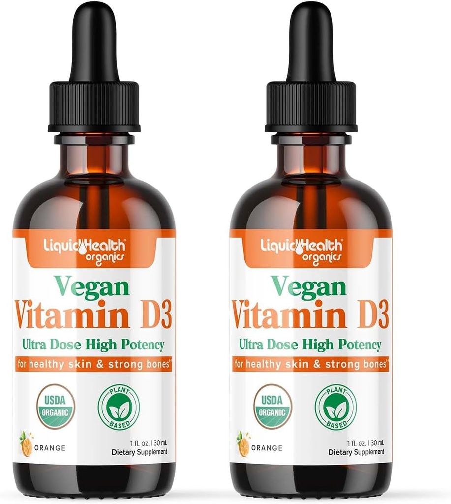 LIQUIDHEALTH Vitamina D3 4000 UI, USDA Organic Vitamin D Liquid Drops for Adults &amp; Kids, Vegan Vitamin D for Immune System Support, Bone Health, Mood Support, Healthy Skin - Made in USA (2 Pack)