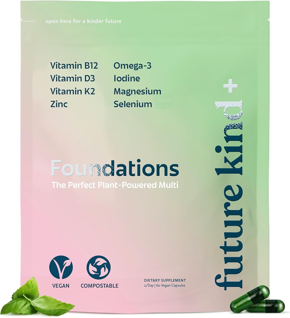 Future Kind Carrageenan-Free Foundations Multivitamin for Women &amp; Men with Omega-3, B12, D3, Zinc, Iodine, Magnesium, K2 &amp; Selenium, Vegan, Compostable Bag (60ct)